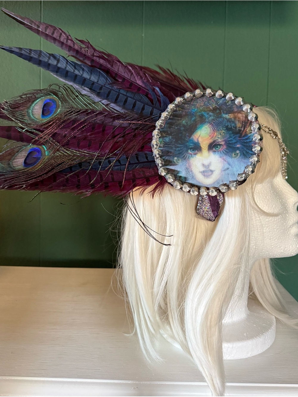 One of a Kind Feather Headpiece Rhinestone Portrait Peacock Festival Headdress